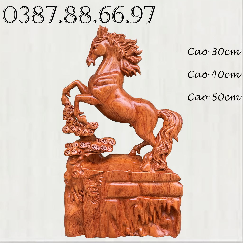 Tượng ngựa nhất mã đứng đế tùng cao từ 30cm đến 50cm chất liệu gỗ hương