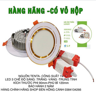 Đèn âm LED trần, Đèn âm trần đế đúc 7w, 3 chế độ sáng , đèn downlight phi 90 viền vàng/bạc