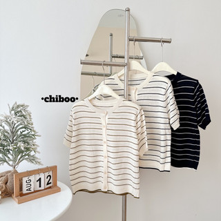 Áo len khuy sọc cộc tay cổ tròn Mao Mao Boutique