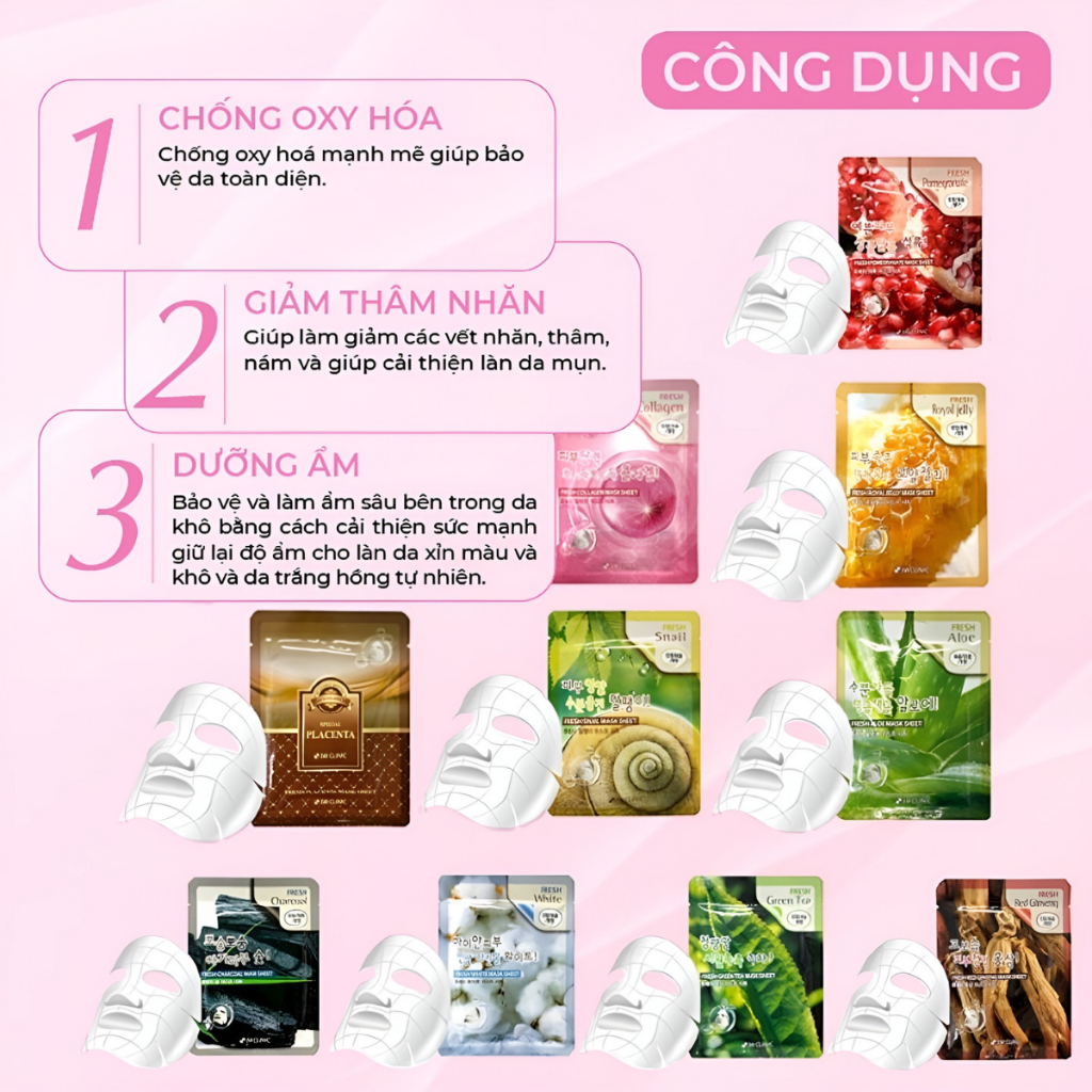 Combo 10 Mặt Nạ Giấy 3W Clinic Mask Nhau Thai Cừu Collagen Vitamin Trắng Da Mặt Dưỡng Cấp Ẩm Giảm Mụn Kiềm Dầu 23ml/M