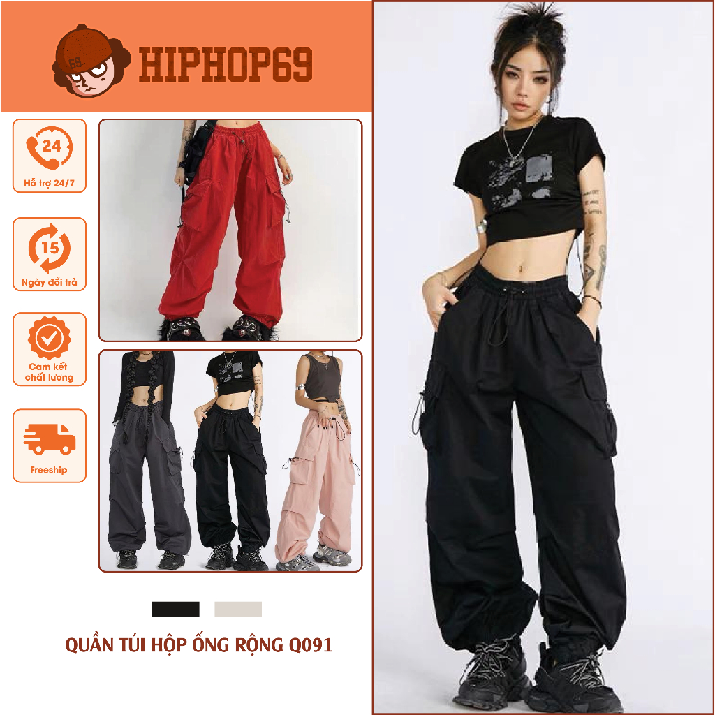 Quần Ống Rộng Unisex, Quần Túi Hộp Vải Dù Phong Cách Hiphop Đường Phố