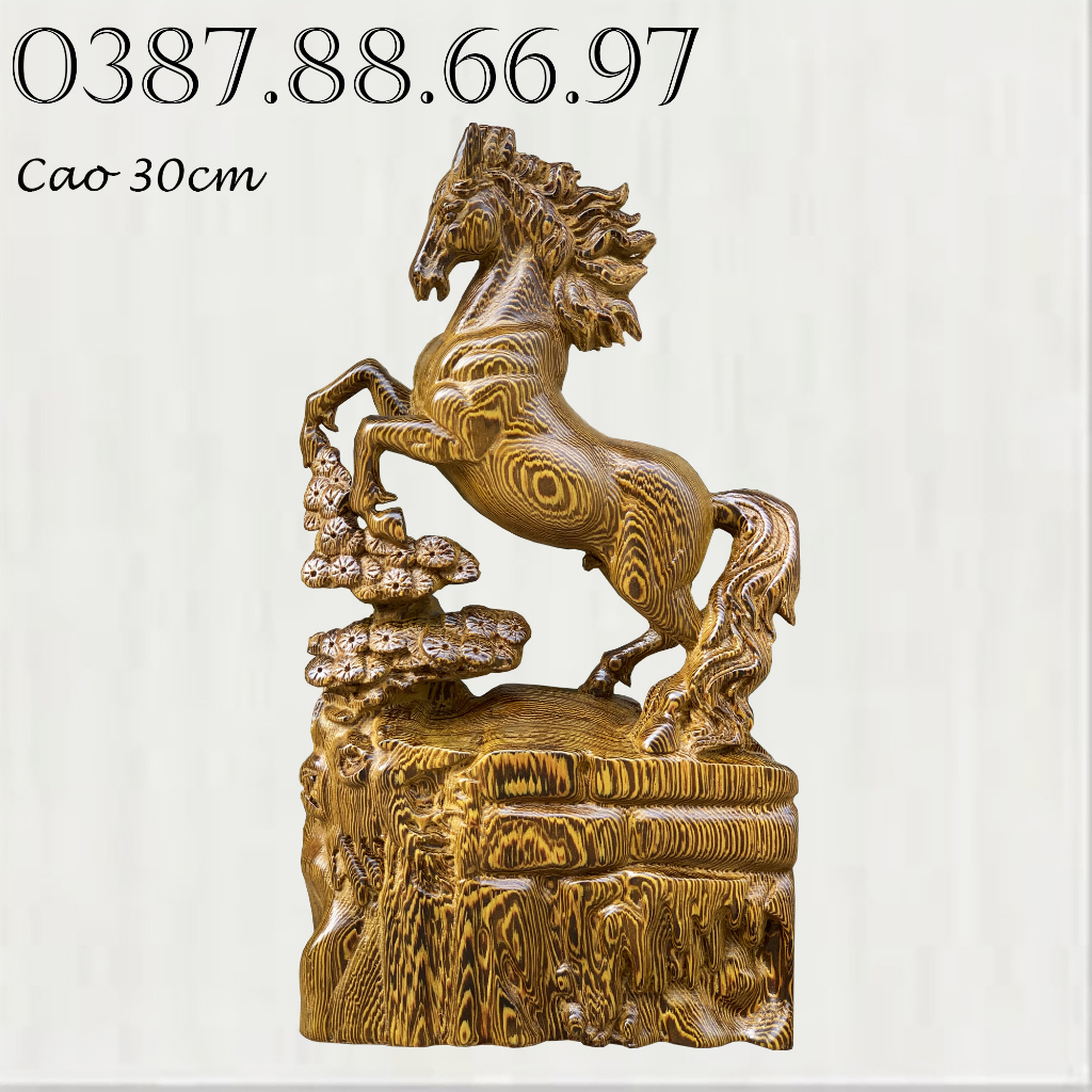 Tượng ngựa nhất mã đứng đế tùng cao 30cm chất liệu gỗ mun đuôi công