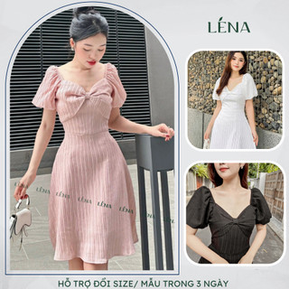 Đầm dáng a dự tiệc tay bồng 2 lớp nơ bản to tiểu thư LENA, sang trọng tôn dáng - D3023