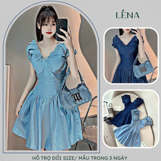 Váy Jean Denim nữ thắt eo vintage - Đầm dự tiệc LENA cổ V trẻ trung sang trọng