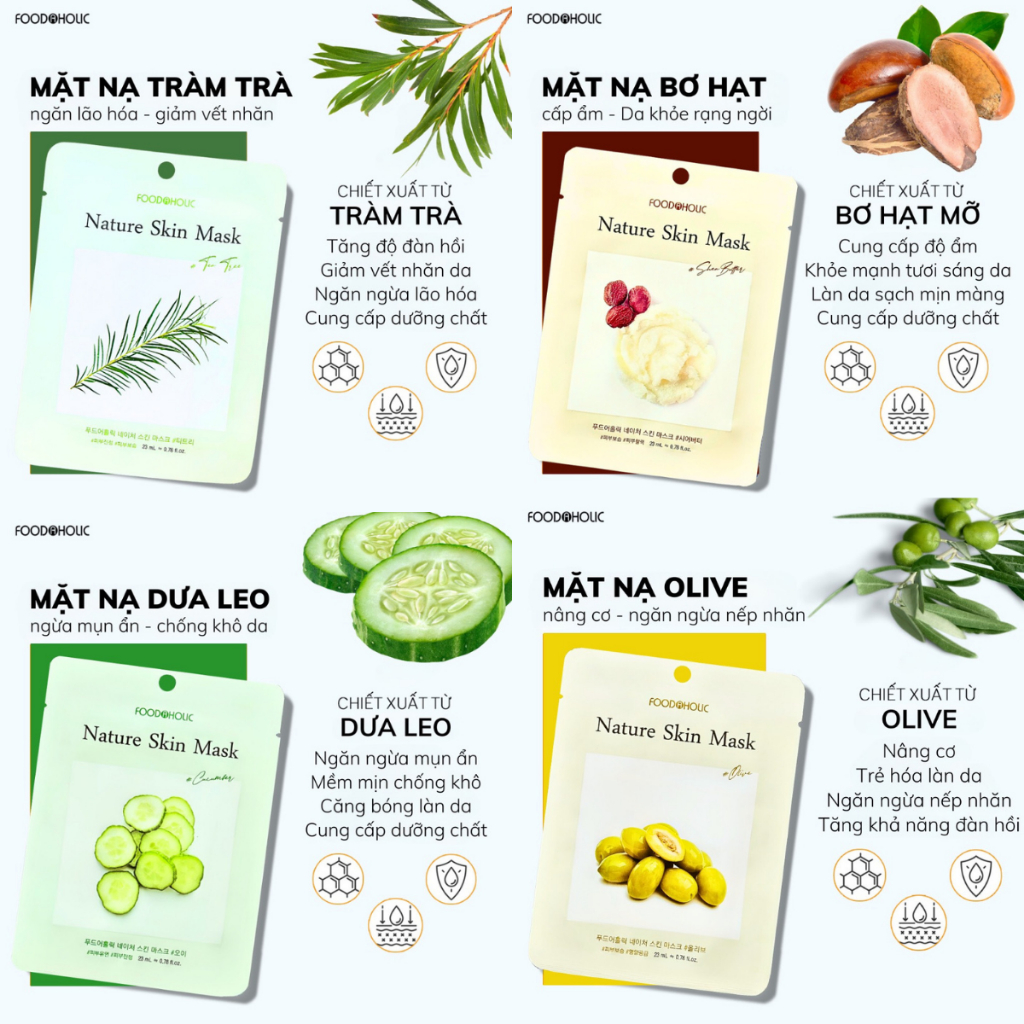 Mặt Nạ Foodaholic Nature Skin Mask Thiên Nhiên Dưỡng Ẩm Giảm Mụn Trắng Da Hàn Quốc 23g/Miếng