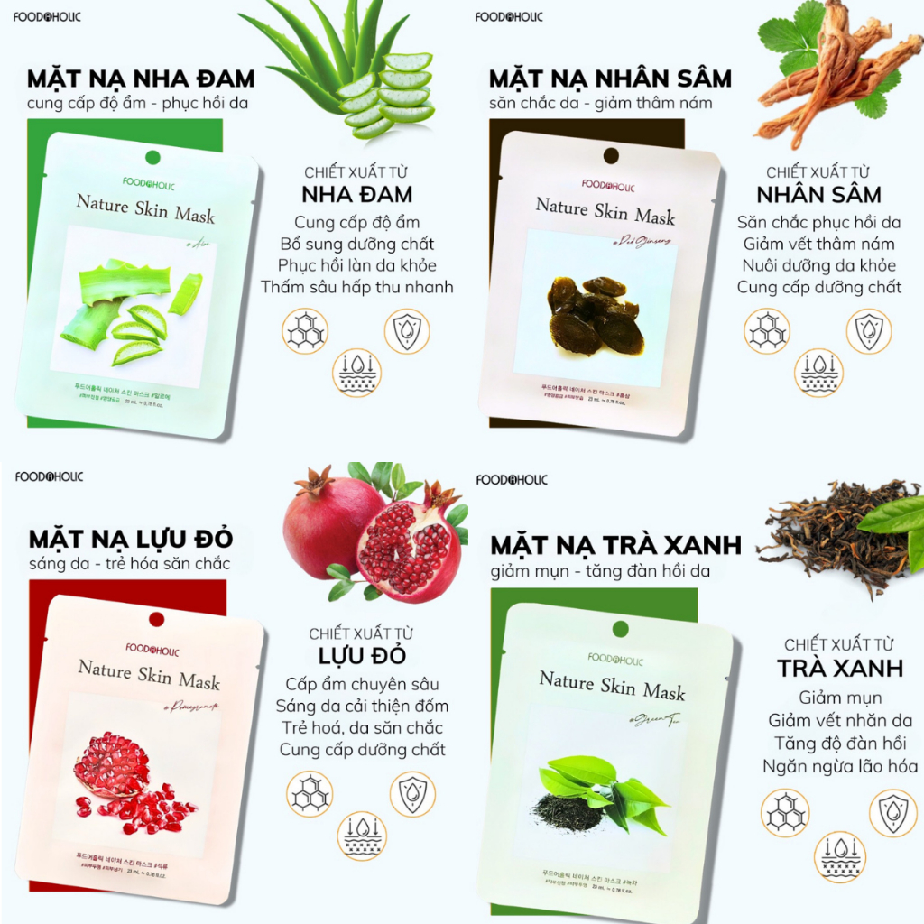 Mặt Nạ Foodaholic Nature Skin Mask Thiên Nhiên Dưỡng Ẩm Giảm Mụn Trắng Da Hàn Quốc 23g/Miếng