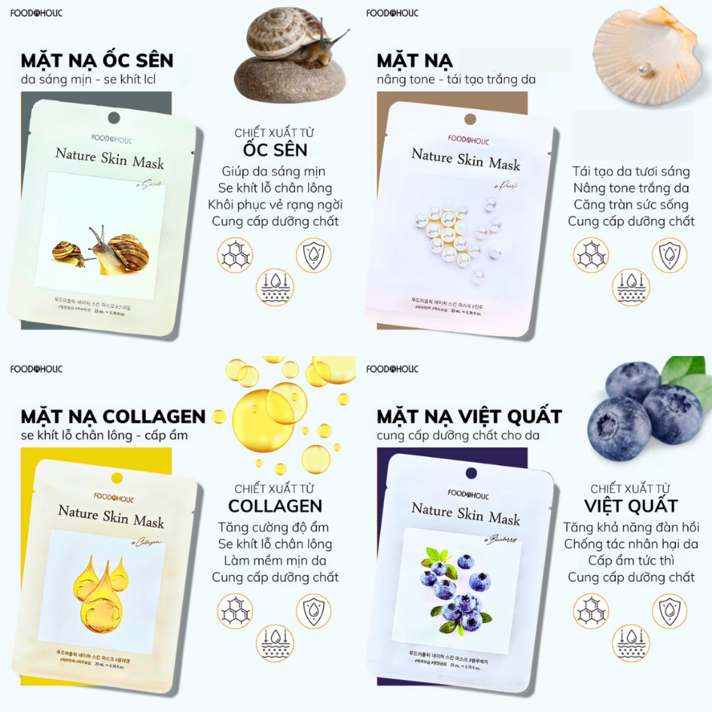 Mặt Nạ Foodaholic Nature Skin Mask Thiên Nhiên Dưỡng Ẩm Giảm Mụn Trắng Da Hàn Quốc 23g/Miếng