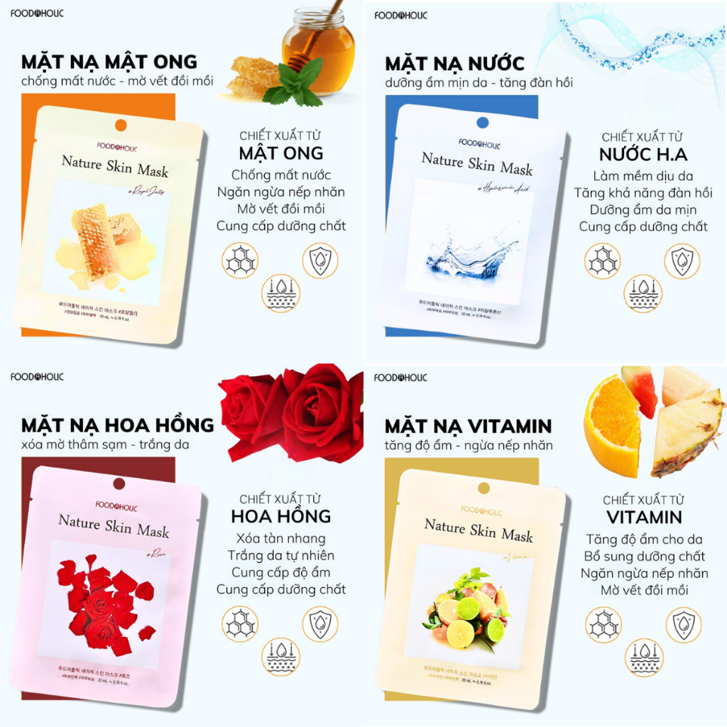 Mặt Nạ Foodaholic Nature Skin Mask Thiên Nhiên Dưỡng Ẩm Giảm Mụn Trắng Da Hàn Quốc 23g/Miếng