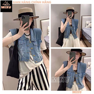  Áo khoác bò sát nách màu đậm phong cách hàn quốc unisex Áo gile jean croptop xanh 