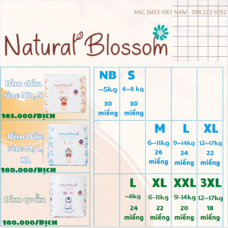 Bỉm Tã Dán/ Quần Natural Blossom Thuần Chay Đủ Size NB30/ S30/ M26/ L24/ XL22/ XXL20/ XXXL18 Cho Da Nhạy Cảm - Hàn Quốc