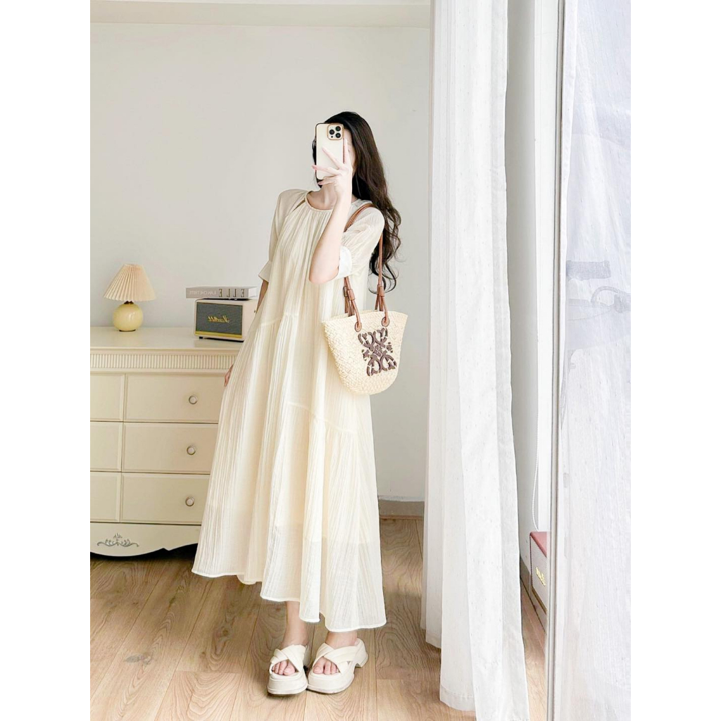 Đầm Tơ Suông Cộc Tay Diện Hè Du Lịch Nhẹ Nhàng Bồng Bềnh Nữ Tính Vải Xốp Nhăn Không Co Giãn 2 Lớp MYAN DESIGN Vvn072308