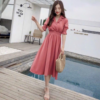 Đầm sơ mi hồng ruốc thun eo (kèm hình thật)