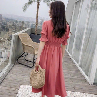 Đầm sơ mi hồng ruốc thun eo (kèm hình thật)