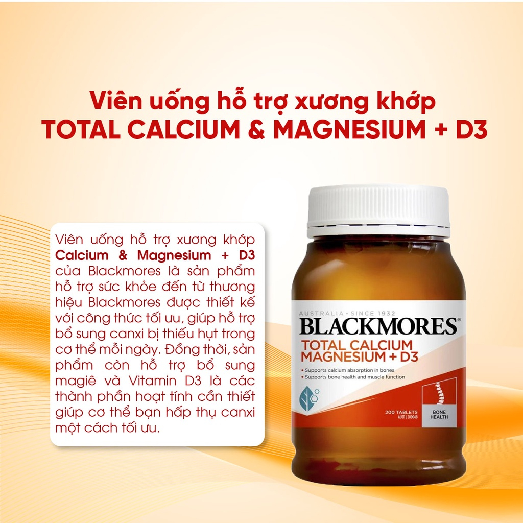Viên uống bổ sung Canxi, Magie, D3, hỗ trợ xương khớp Total Calcium & Magnesium + D3  Blackmores Úc 200 viên