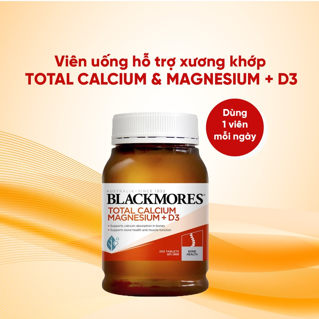 Viên uống bổ sung Canxi, Magie, D3, hỗ trợ xương khớp Total Calcium & Magnesium + D3  Blackmores Úc 200 viên