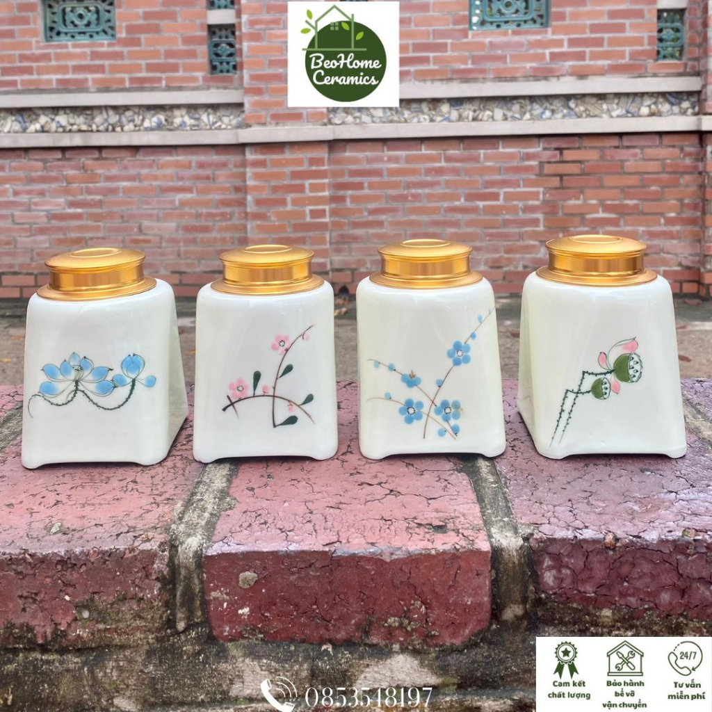 Lọ Trà Bình Trà Hũ Đựng Trà Hộp Trà Men Kem Vẽ Tay 300G Góm Bát Tràng Hũ Đựng Trà Caffe Các Loại Hạt Thiết Kế Nắp 2 Lớp