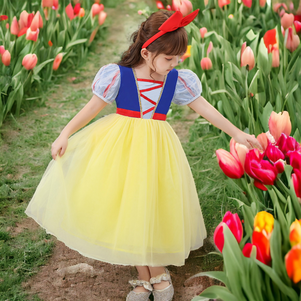 Váy công chúa Bạch Tuyết kèm băng đô màu đỏ siêu dễ thương cho bé 2-7 tuổi