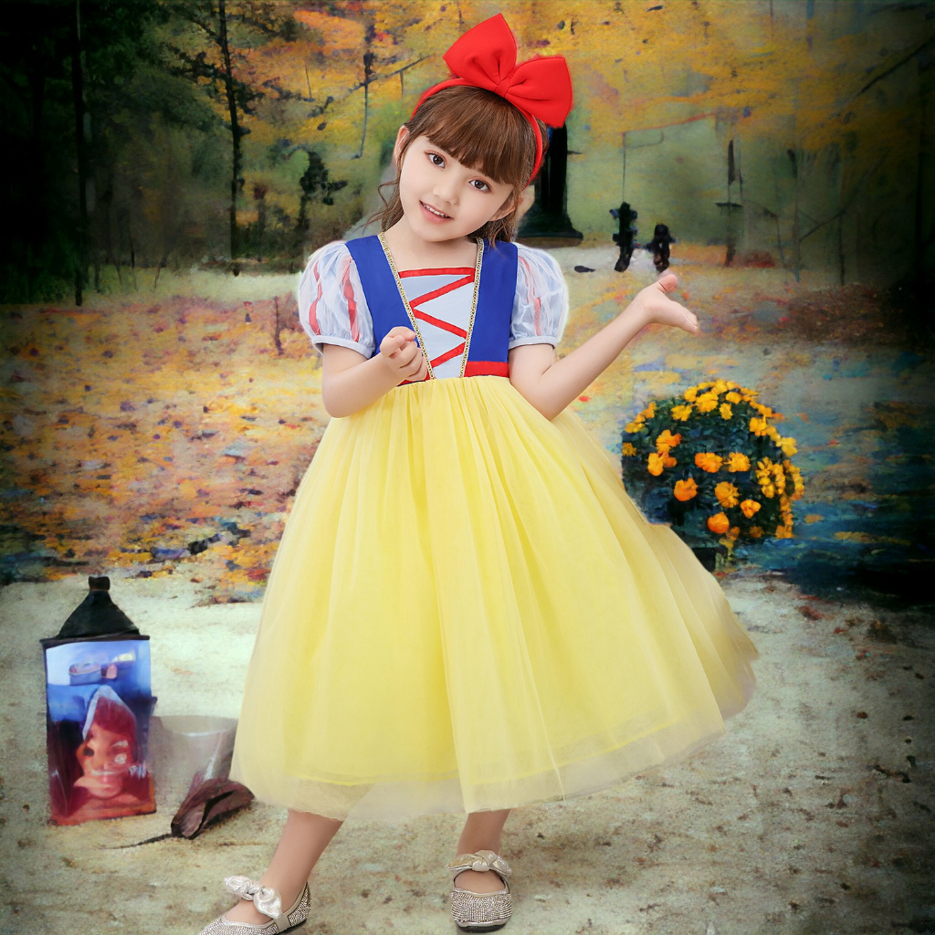 Váy công chúa Bạch Tuyết kèm băng đô màu đỏ siêu dễ thương cho bé 2-7 tuổi