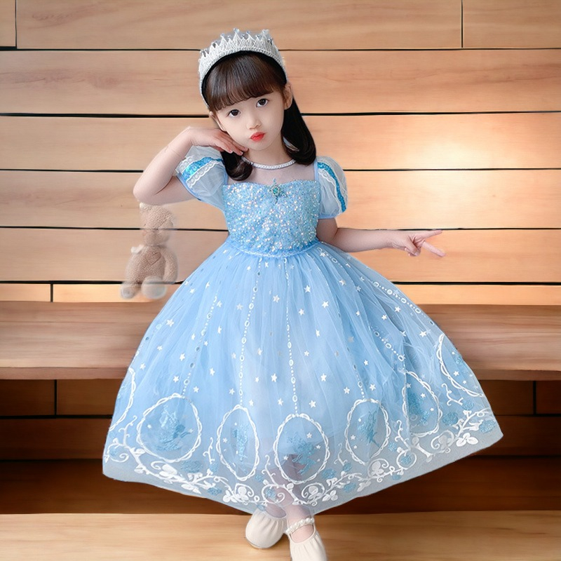 Đầm công chúa cho bé gái Elsa màu xanh kèm tà dài siêu xinh