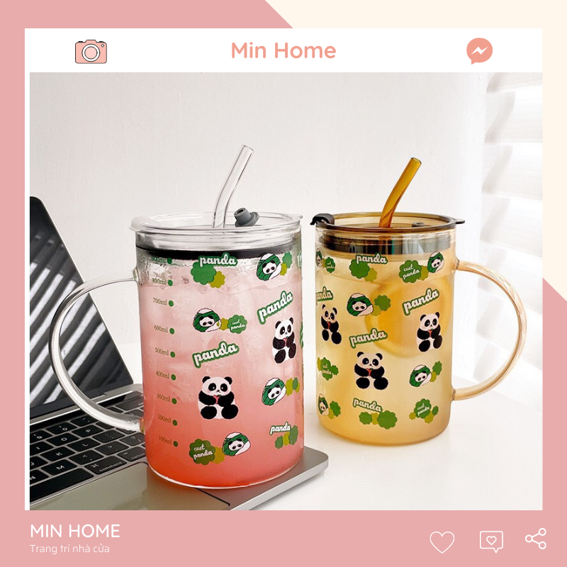 Cốc thuỷ tinh lớn 1000ml có nắp và ống hút chịu nhiệt tốt, ly thuỷ tinh cao cấp dễ thương gấu trúc Panda Minhome
