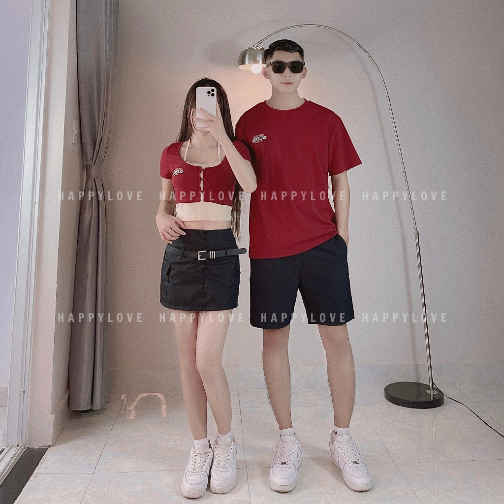 Áo đôi nam nữ croptop mùa hè với người yêu HAPPYLOVE màu đỏ đô thêu chữ cao cấp M103