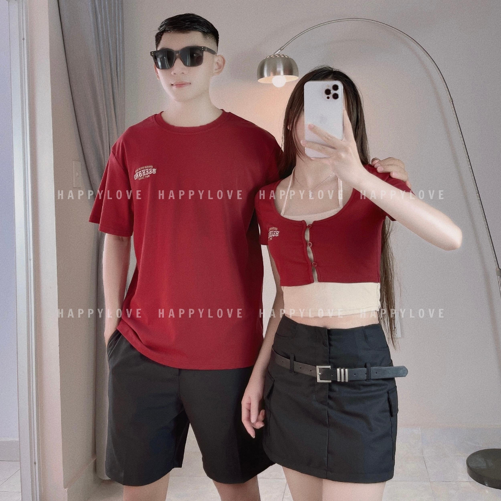 Áo đôi nam nữ croptop mùa hè với người yêu HAPPYLOVE màu đỏ đô thêu chữ cao cấp M103