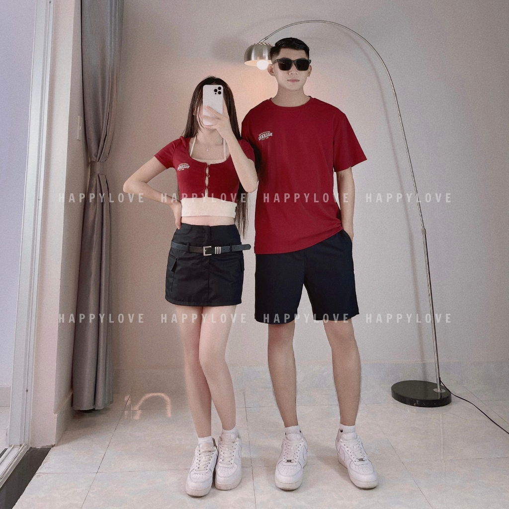 Áo đôi nam nữ croptop mùa hè với người yêu HAPPYLOVE màu đỏ đô thêu chữ cao cấp M103