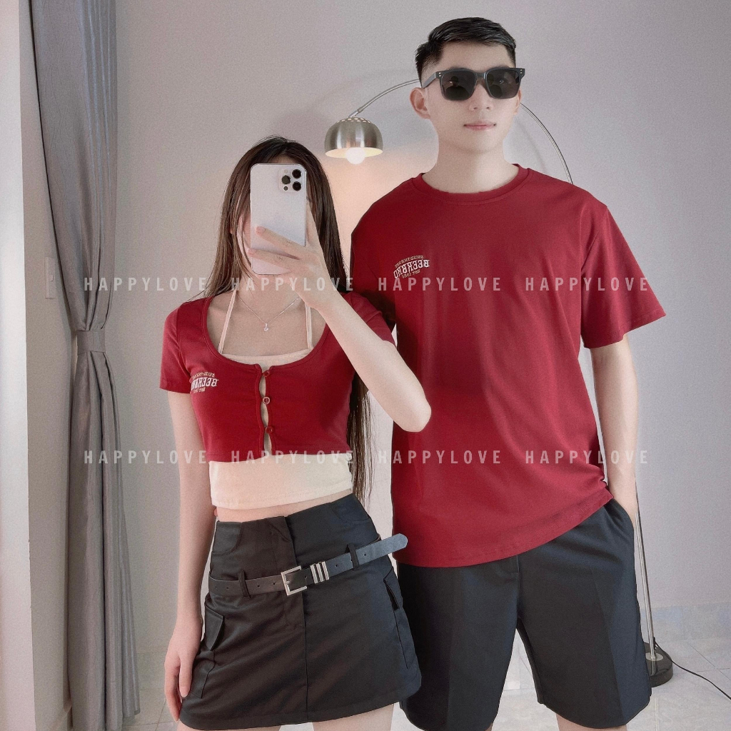 Áo đôi nam nữ croptop mùa hè với người yêu HAPPYLOVE màu đỏ đô thêu chữ cao cấp M103