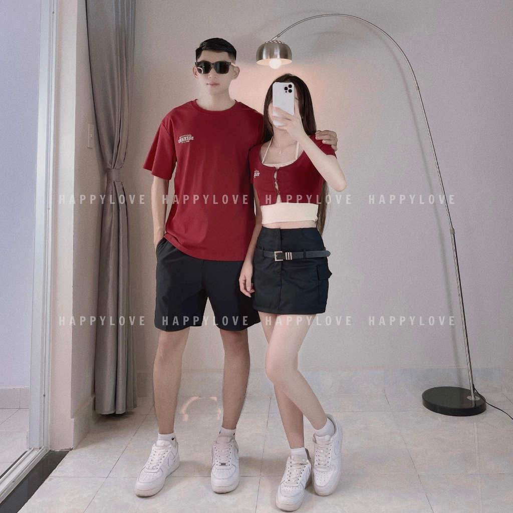 Áo đôi nam nữ croptop mùa hè với người yêu HAPPYLOVE màu đỏ đô thêu chữ cao cấp M103