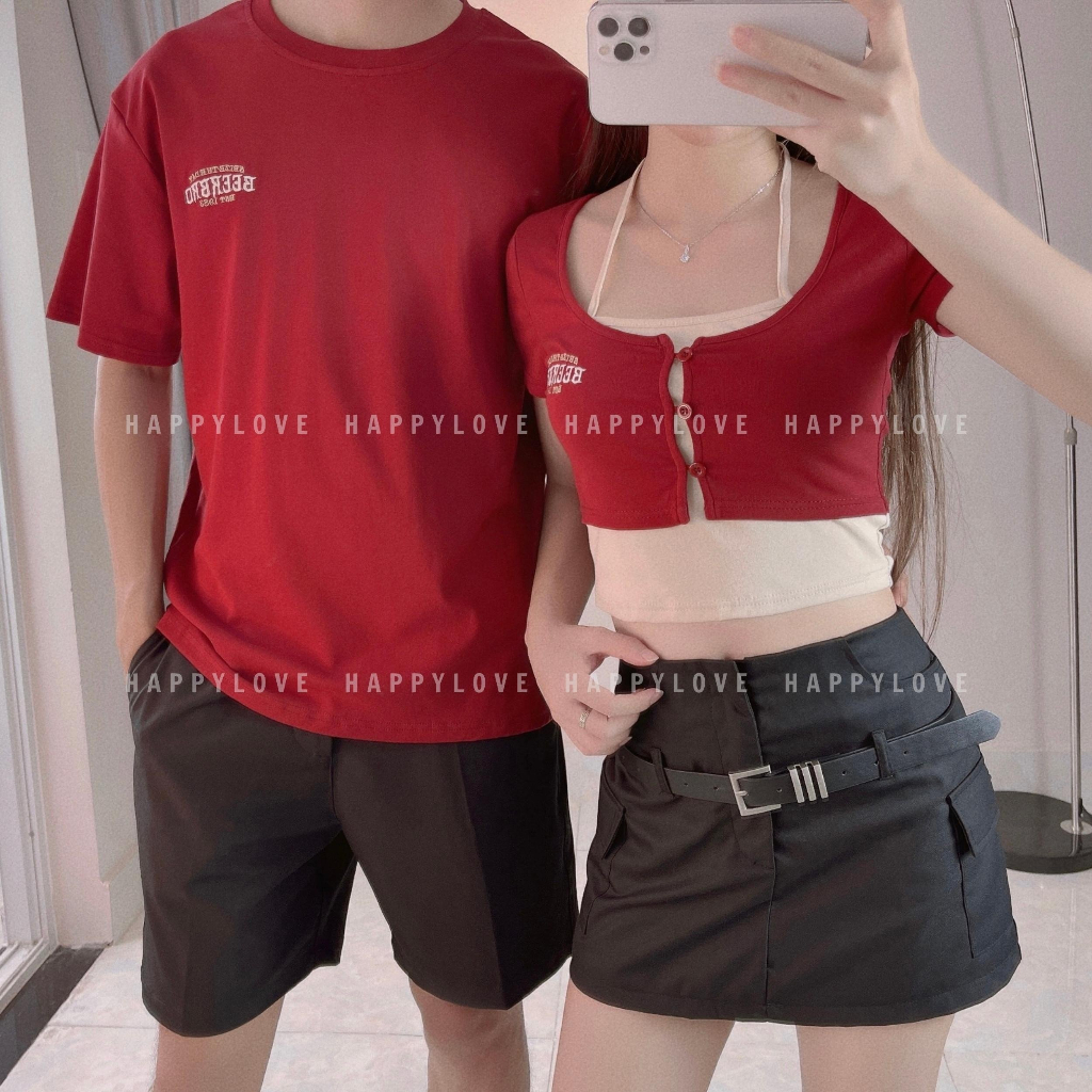 Áo đôi nam nữ croptop mùa hè với người yêu HAPPYLOVE màu đỏ đô thêu chữ cao cấp M103