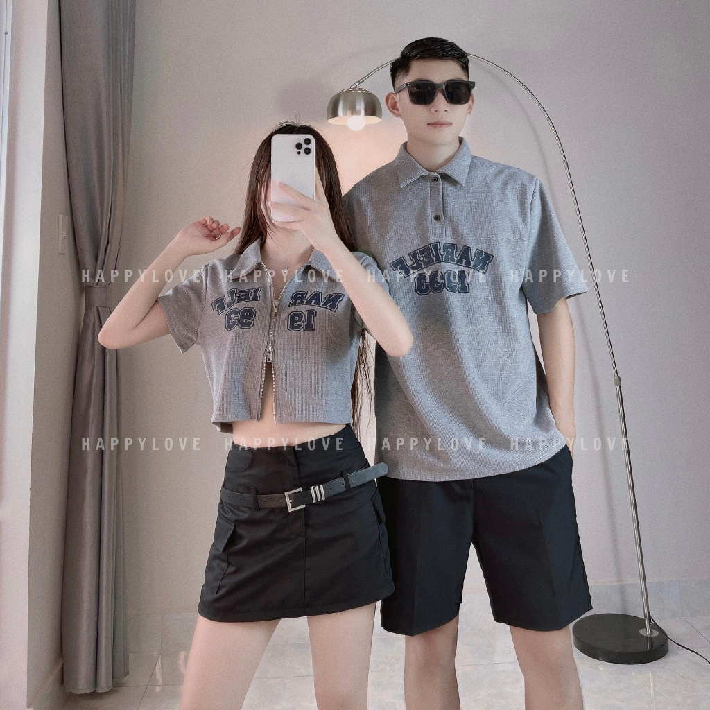 Áo đôi nam nữ Polo croptop có cổ mùa hè HAPPYLOVE in chữ khoá kéo màu ghi xám cao cấp M104