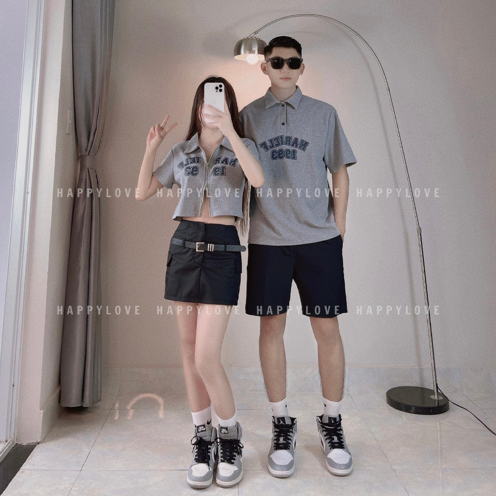 Áo đôi nam nữ Polo croptop có cổ mùa hè HAPPYLOVE in chữ khoá kéo màu ghi xám cao cấp M104