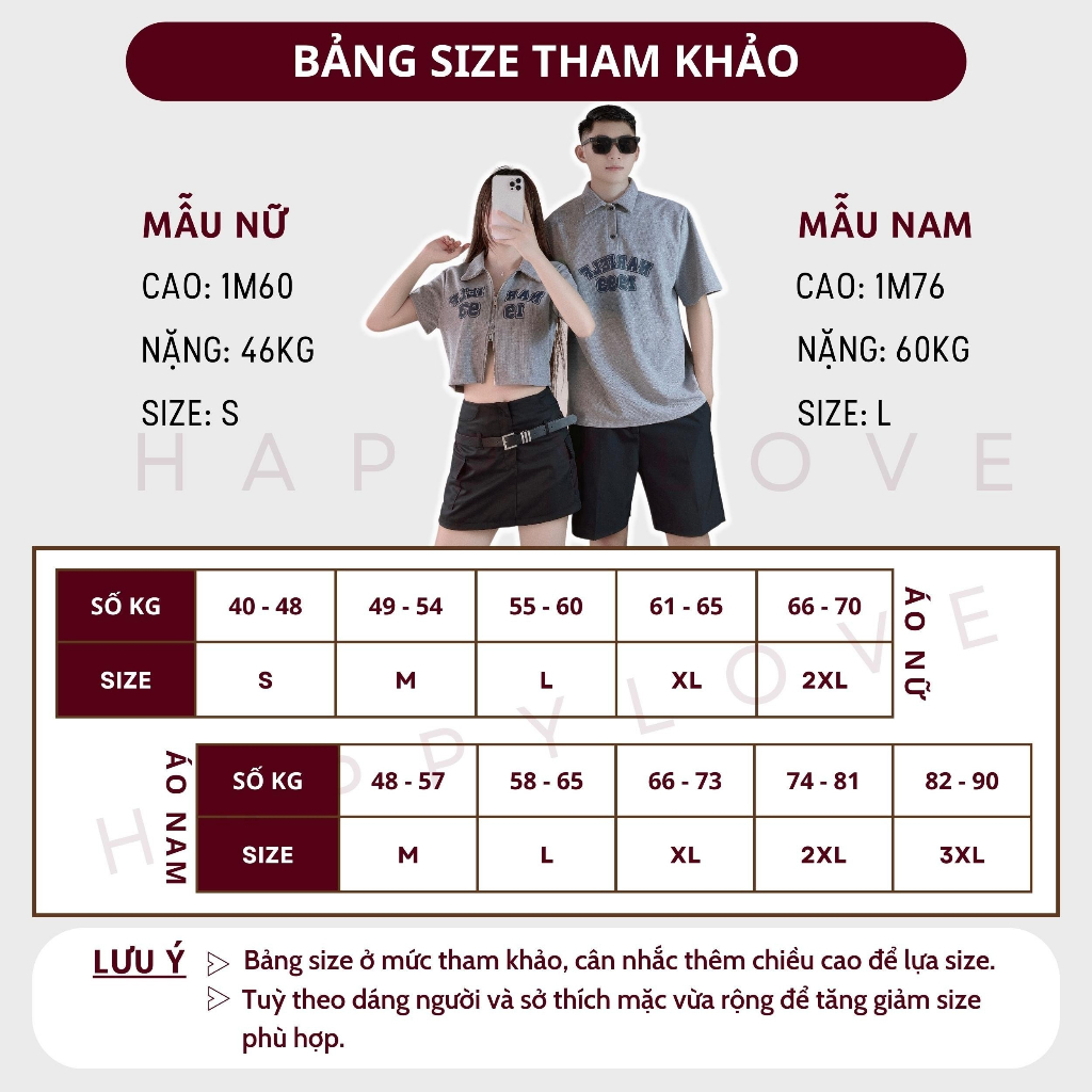 Áo đôi nam nữ Polo croptop có cổ mùa hè HAPPYLOVE in chữ khoá kéo màu ghi xám cao cấp M104