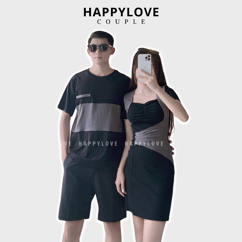 Set đồ đôi nam nữ couple áo váy cặp body mùa hè HAPPYLOVE màu đen phối màu chất cotton cao cấp M094