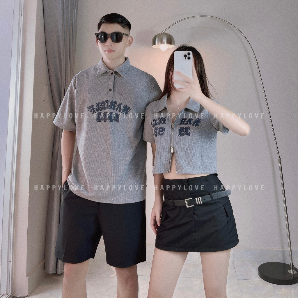 Áo đôi nam nữ Polo croptop có cổ mùa hè HAPPYLOVE in chữ khoá kéo màu ghi xám cao cấp M104