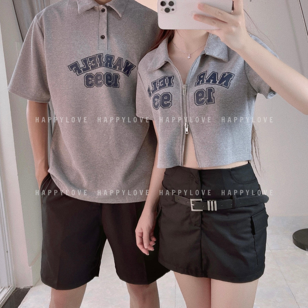 Áo đôi nam nữ Polo croptop có cổ mùa hè HAPPYLOVE in chữ khoá kéo màu ghi xám cao cấp M104