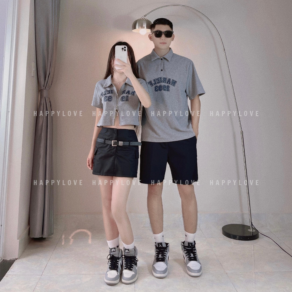 Áo đôi nam nữ Polo croptop có cổ mùa hè HAPPYLOVE in chữ khoá kéo màu ghi xám cao cấp M104