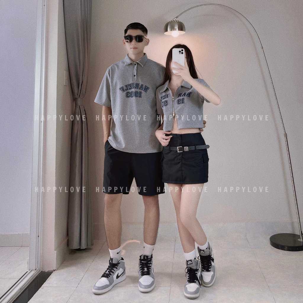 Áo đôi nam nữ Polo croptop có cổ mùa hè HAPPYLOVE in chữ khoá kéo màu ghi xám cao cấp M104