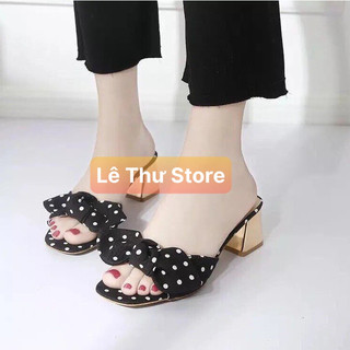 Guốc dép nữ 5 phân quai kết nơ chấm bi gót đồng LT