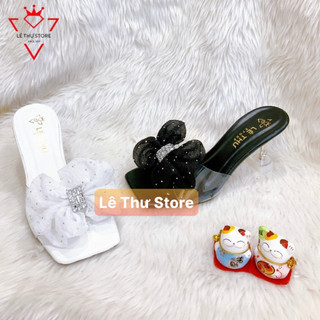Guốc dép nữ 7 phân quai trong kết nơ bèo đính đá gót ly trong LT