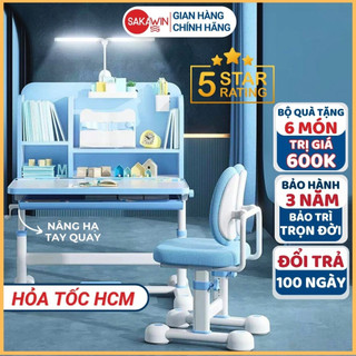 Bộ bàn học cho bé Sakawin A16 Plus Bàn học chống gù có Nâng hạ tay quay cao cấp Bộ quà tặng cao cấp