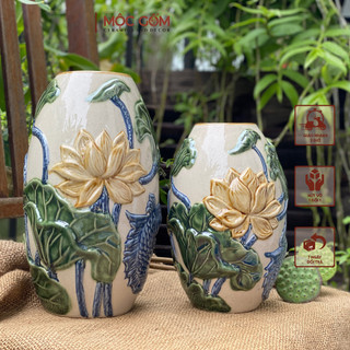  Bình hoa gốm men cổ Bát Tràng dáng tròn họa tiết niên hữu dư phù hợp bày ban gia tiên | Mộc Gốm MG236 