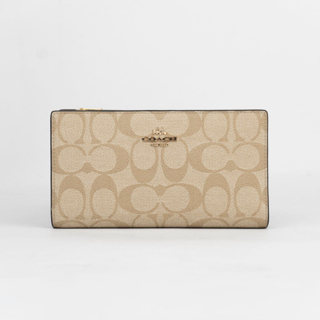 Ví dài Coach nữ gập kéo monogram Coach màu kem