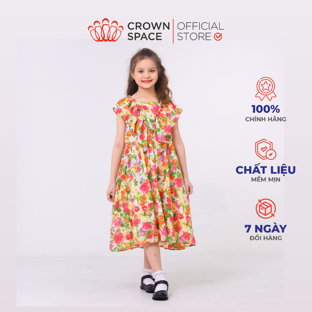 Váy Hoa Nhí Hè Bé Gái Crown Space CKGS2831901 Đầm Công Chúa Dáng Xuông Dài Ngắn Tay Chất Liệu Cotton Lạnh Cao Cấp
