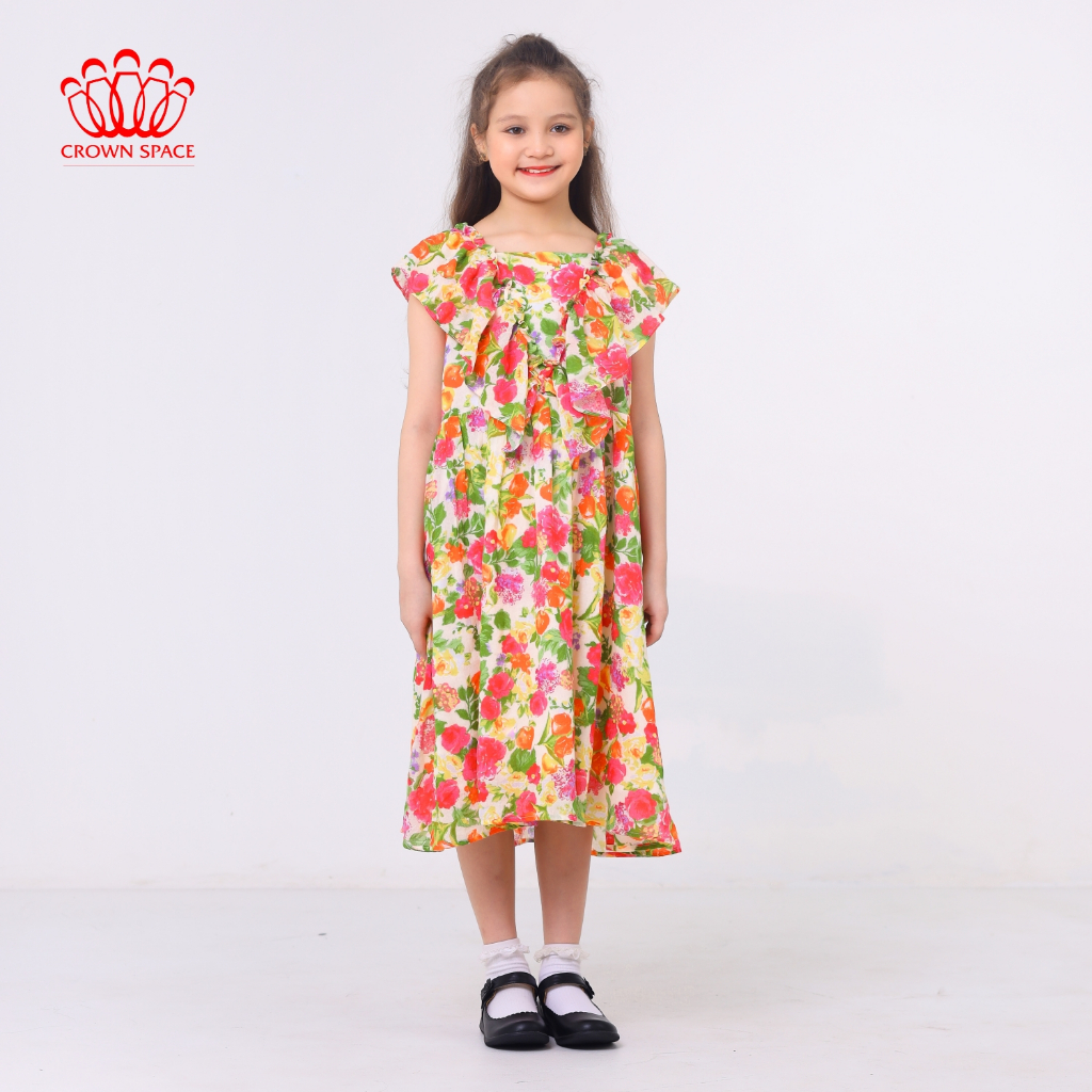 Váy Hoa Nhí Hè Bé Gái Crown Space CKGS2831901 Đầm Công Chúa Dáng Xuông Dài Ngắn Tay Chất Liệu Cotton Lạnh Cao Cấp