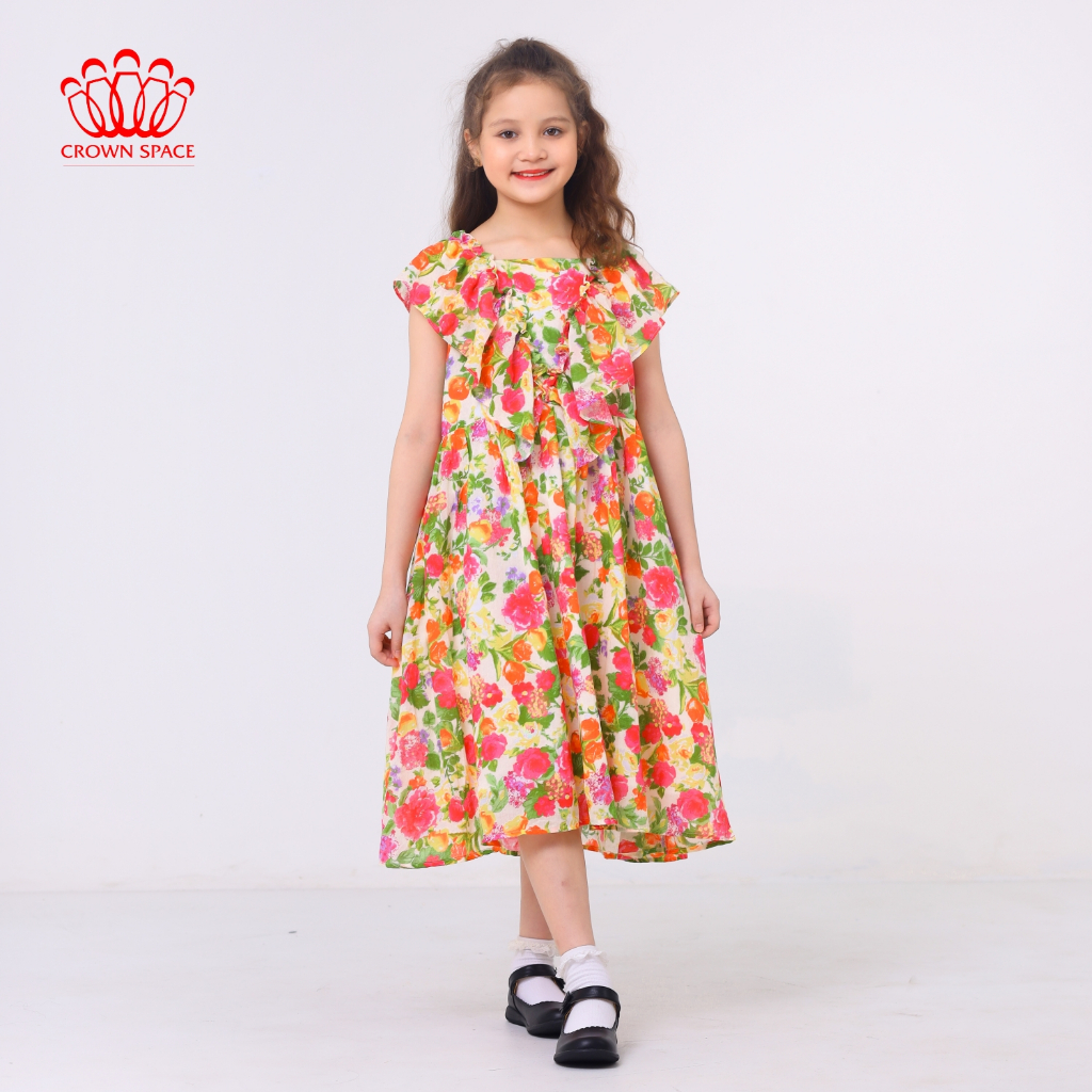 Váy Hoa Nhí Hè Bé Gái Crown Space CKGS2831901 Đầm Công Chúa Dáng Xuông Dài Ngắn Tay Chất Liệu Cotton Lạnh Cao Cấp