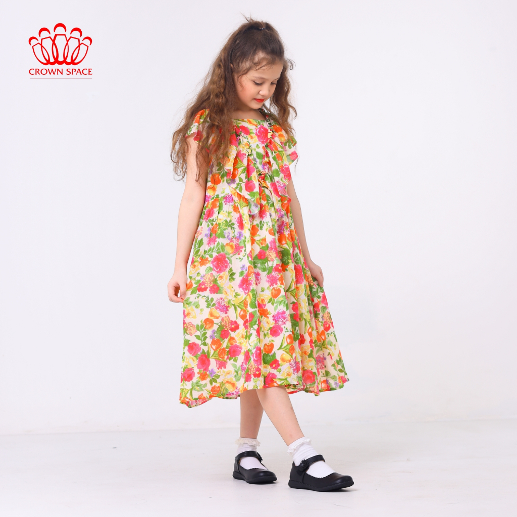 Váy Hoa Nhí Hè Bé Gái Crown Space CKGS2831901 Đầm Công Chúa Dáng Xuông Dài Ngắn Tay Chất Liệu Cotton Lạnh Cao Cấp