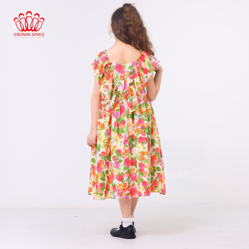 Váy Hoa Nhí Hè Bé Gái Crown Space CKGS2831901 Đầm Công Chúa Dáng Xuông Dài Ngắn Tay Chất Liệu Cotton Lạnh Cao Cấp