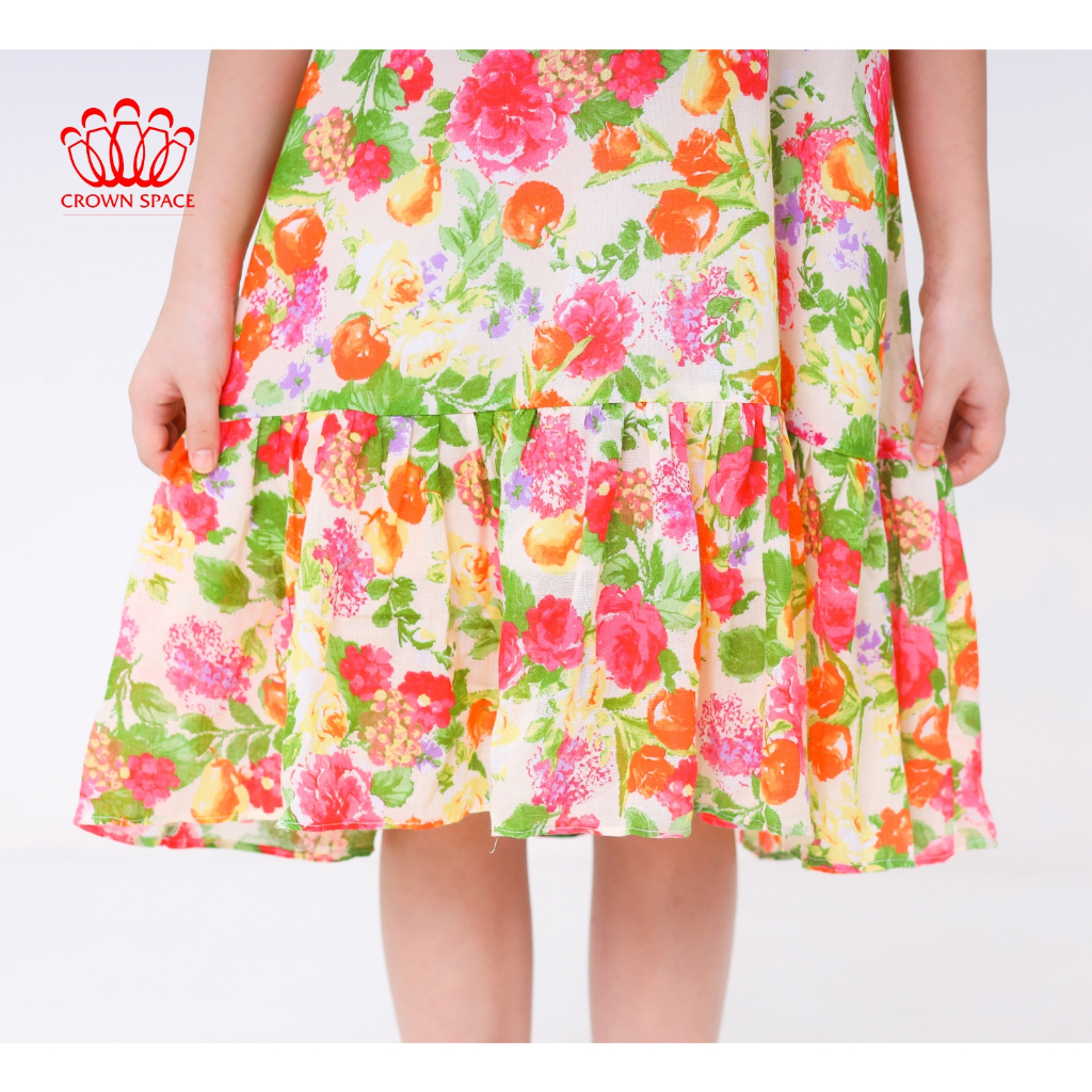 Váy Hoa Nhí Hè Bé Gái Crown Space CKGS2831901 Đầm Công Chúa Dáng Xuông Dài Ngắn Tay Chất Liệu Cotton Lạnh Cao Cấp