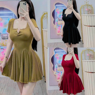 Đầm váy nữ thun gân cổ chữ U dáng xòe (kèm quần) chất liệu thun co giãn tốt sang chảnh dành cho các nàng diện đi tiệc
